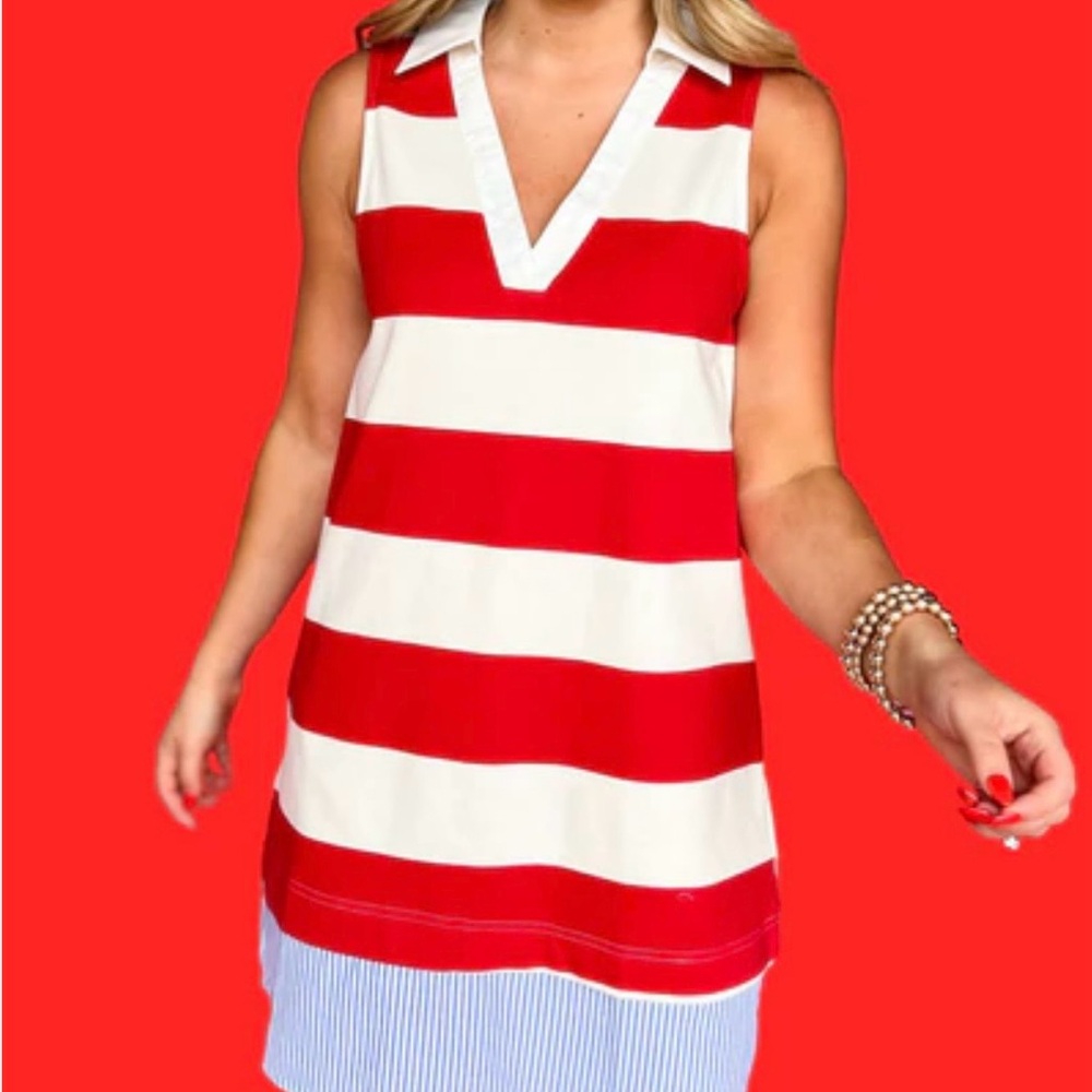 NWOT Intro Sleeveless Red and White Striped V-Neck Dress